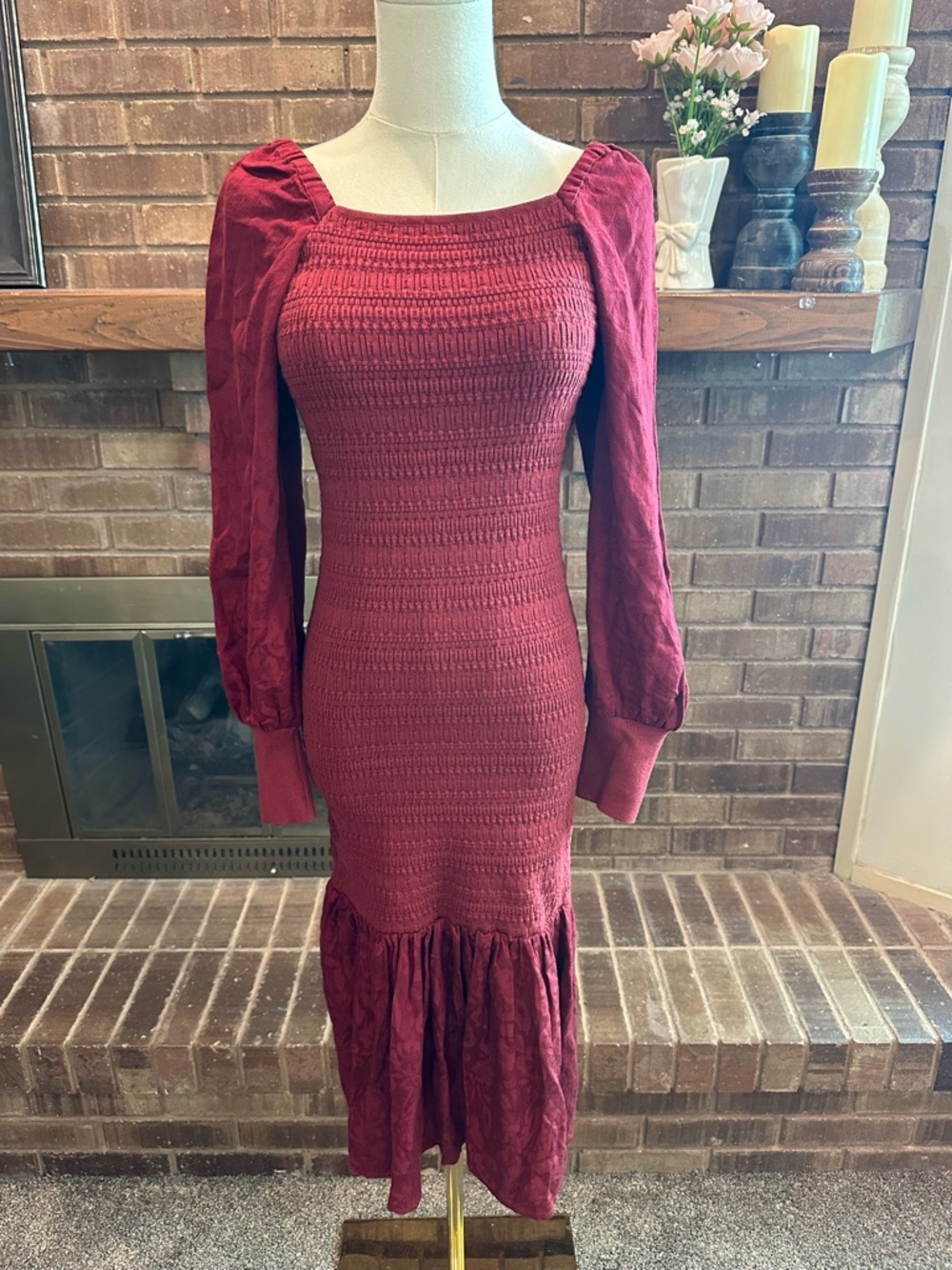 Anthropologie Romantic Burgundy Smocked Midi Dress Cottagecore Boho - Size XS